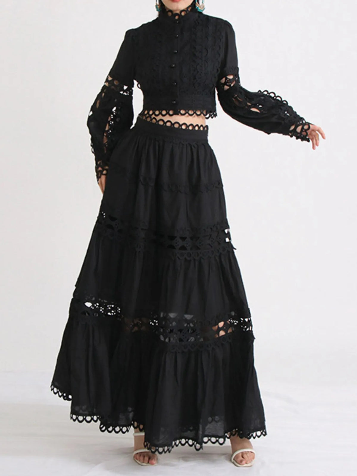 Lace Button Up Long Sleeve Top and Skirt Set — view 6