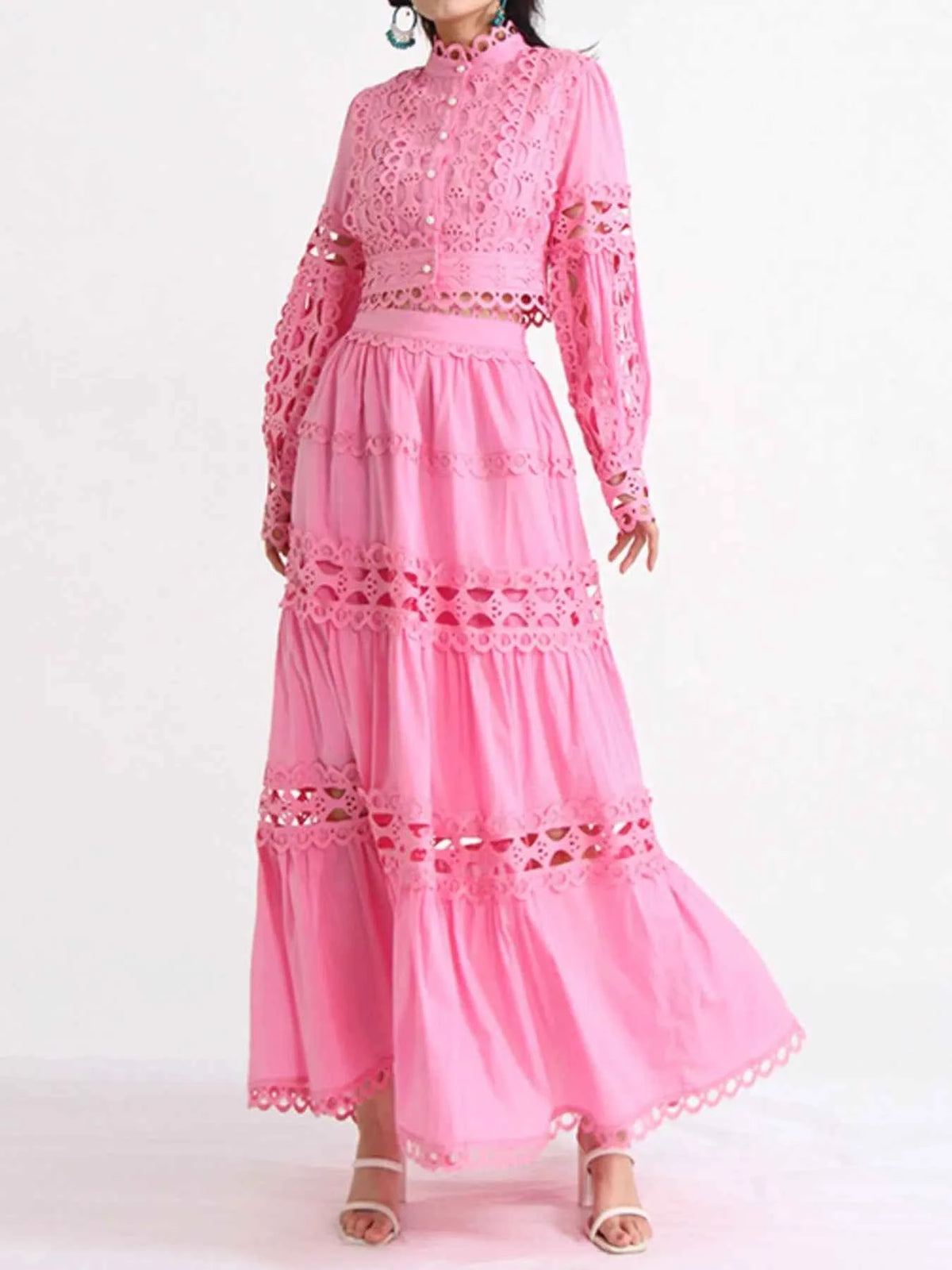 Lace Button Up Long Sleeve Top and Skirt Set — view 3