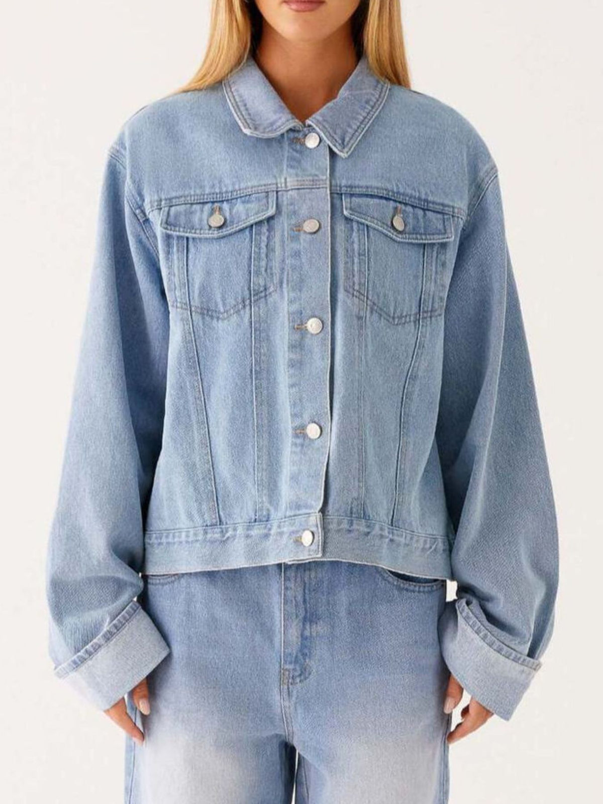 Button Down Cropped Oversized Denim Jacket — view 10