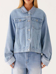 Button Down Cropped Oversized Denim Jacket — view 10