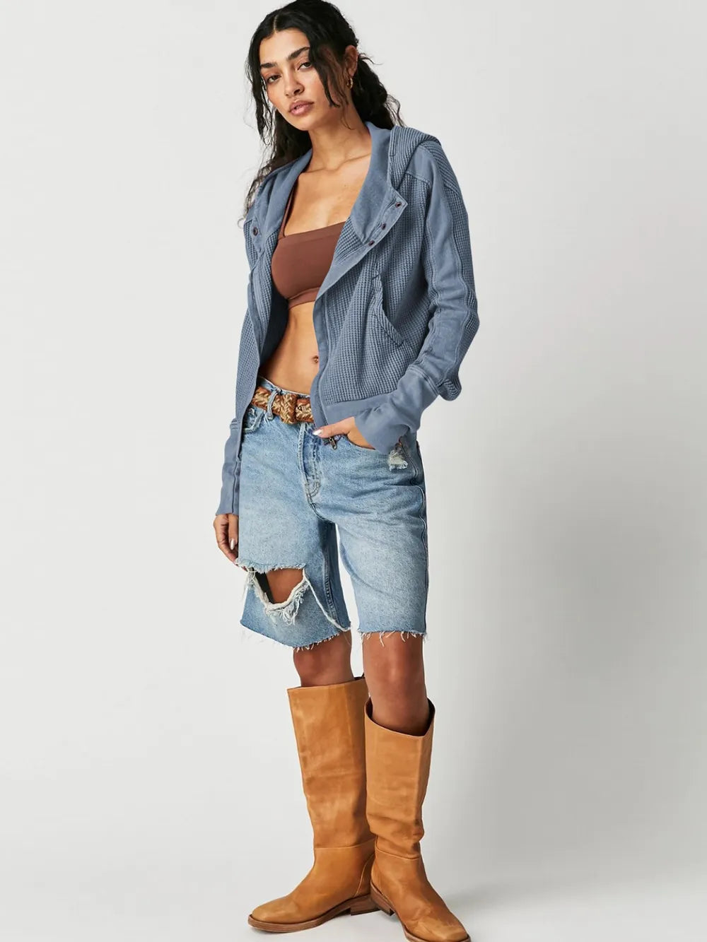 Waffle-Knit Dropped Shoulder Hooded Jacket - Ultimate Comfort Wear — view 6