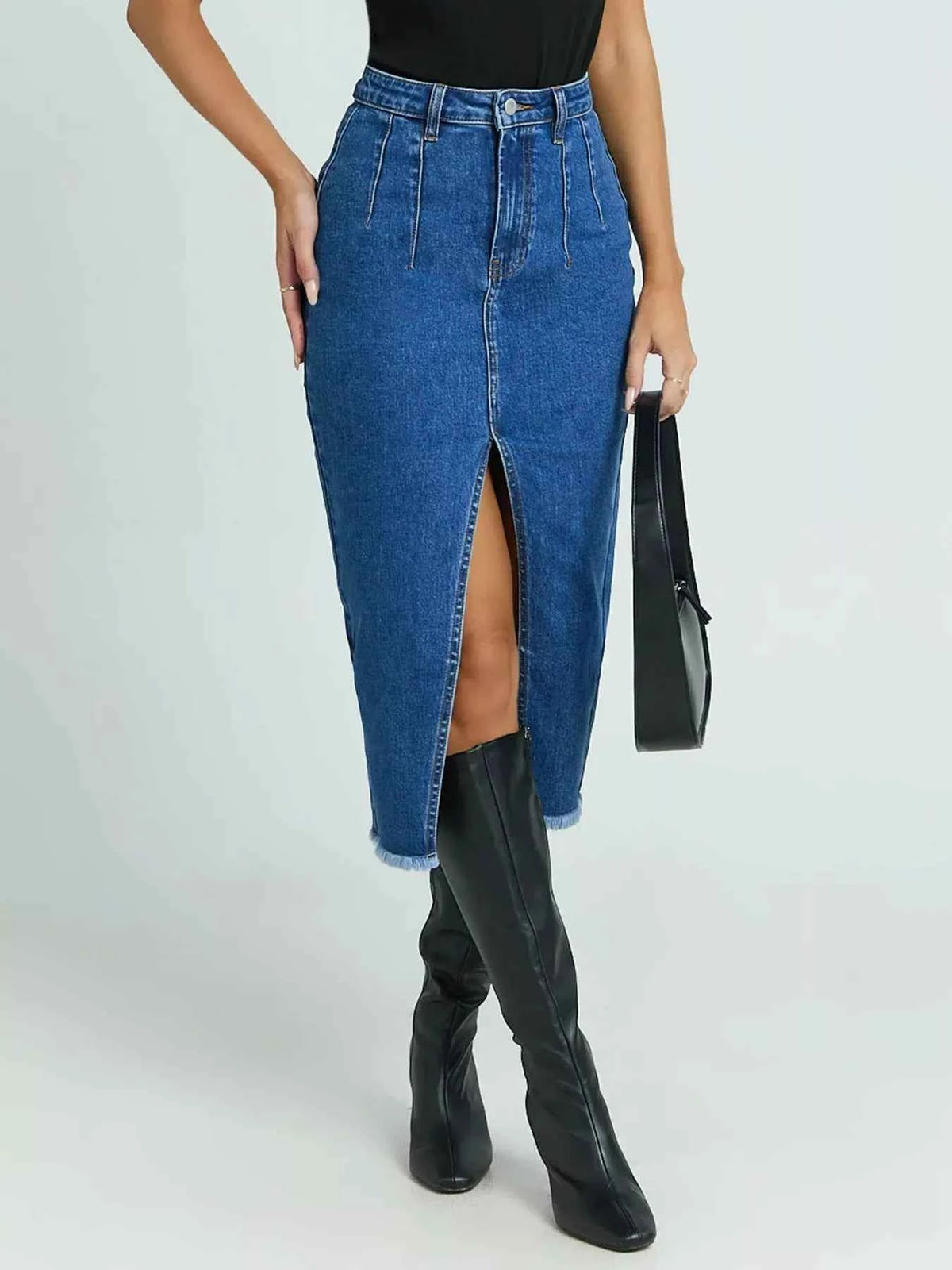 High-Waisted Slit Denim Skirt