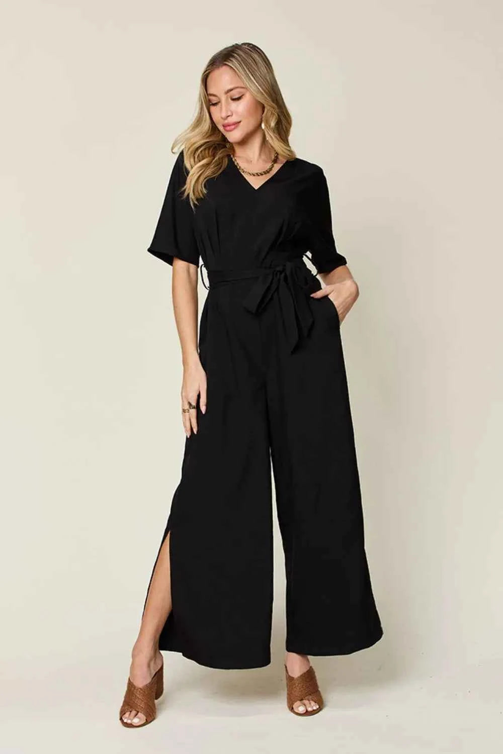 Double Take V-Neck Tied Side Slit Jumpsuit