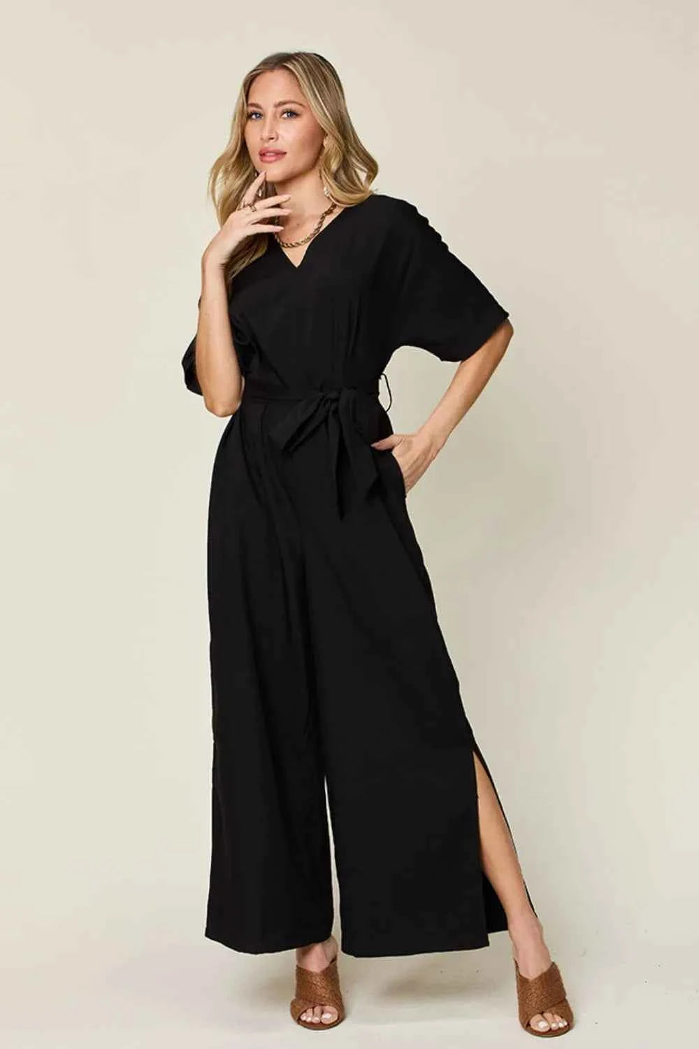 Double Take V-Neck Tied Side Slit Jumpsuit — view 3