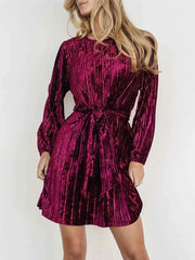 Velvet Round Neck Tie Waist Long Sleeve Mini Dress — view 1