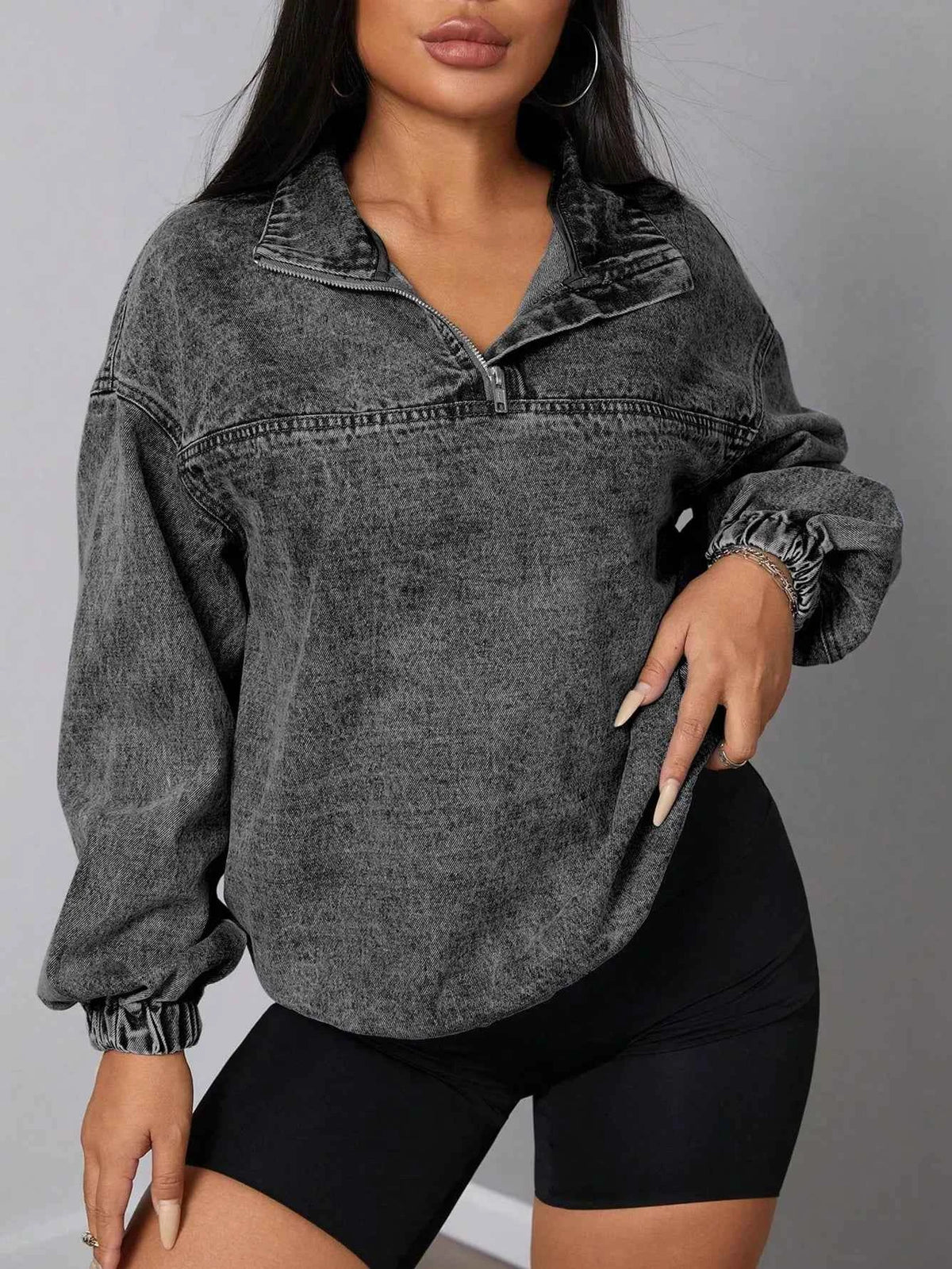 Elastic Hem Quarter Zip Denim Top — view 1
