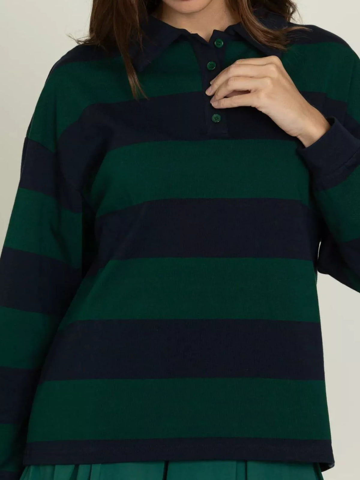 Striped Polo Collar Sweatshirt with Button Details — view 9