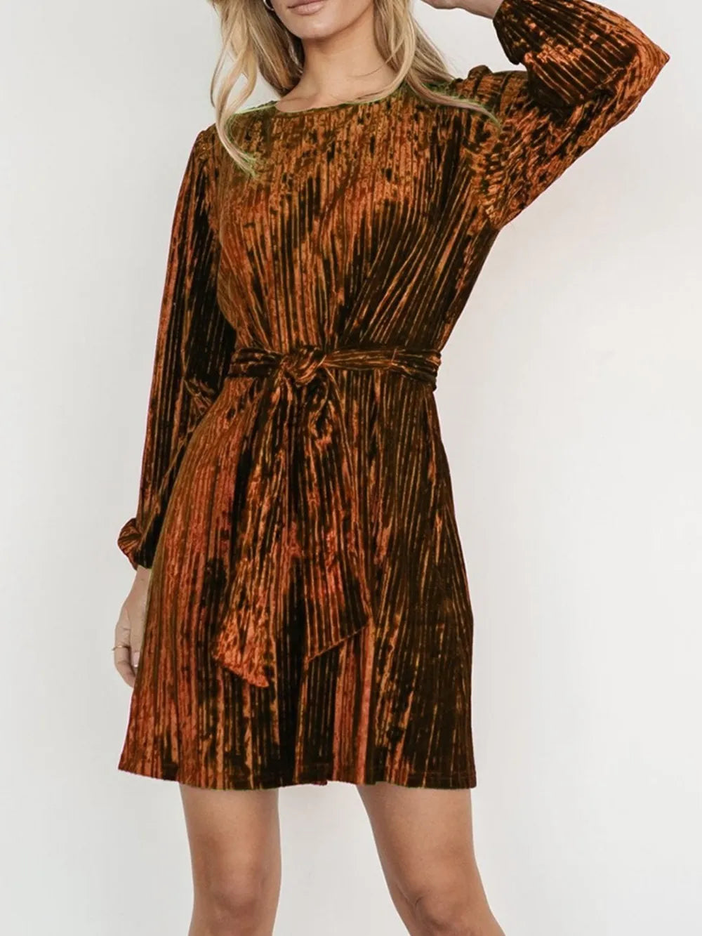 Velvet Round Neck Tie Waist Long Sleeve Mini Dress — view 10
