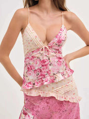 Lace Floral Print Ruffle Trim Maxi Dress — view 1