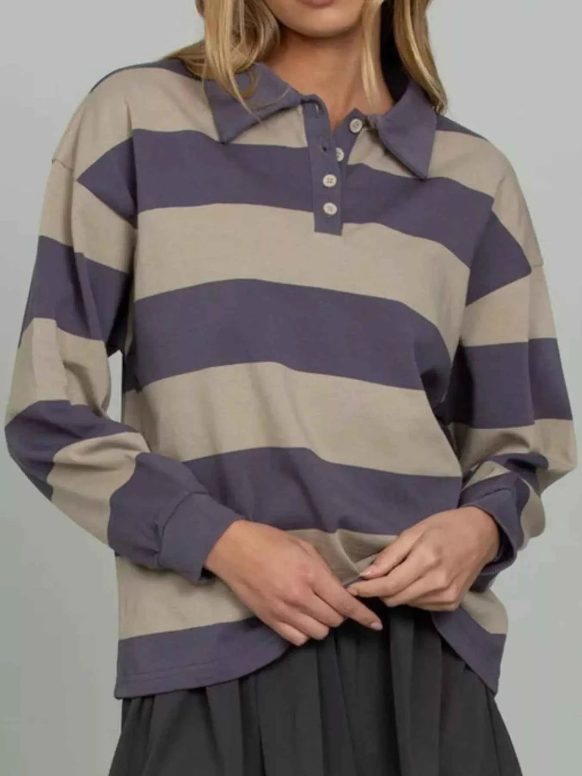 Striped Polo Collar Sweatshirt with Button Details — view 2