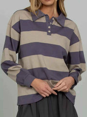 Striped Polo Collar Sweatshirt with Button Details — view 2