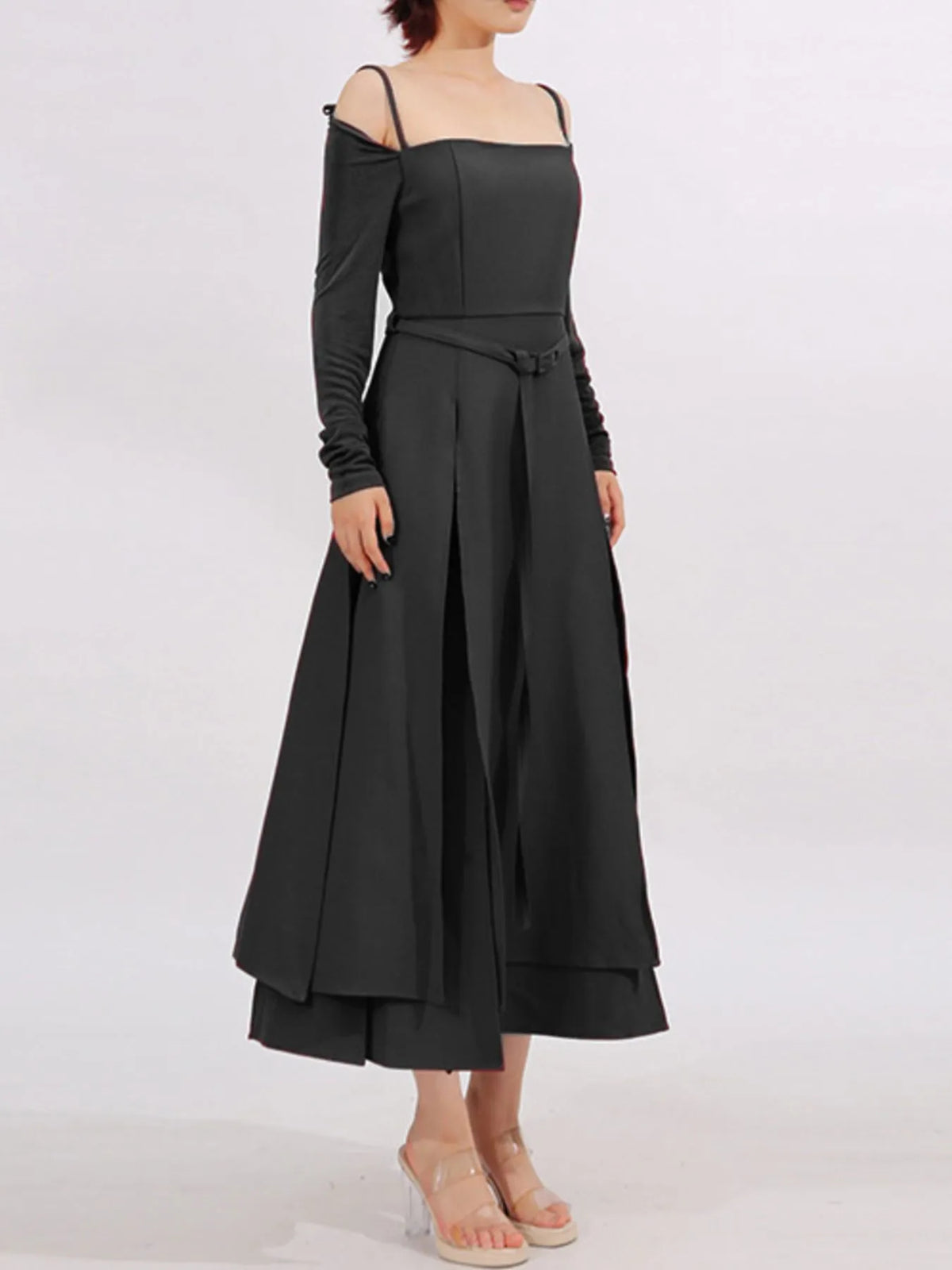Slit Spaghetti Strap Long Sleeve Dress — view 11