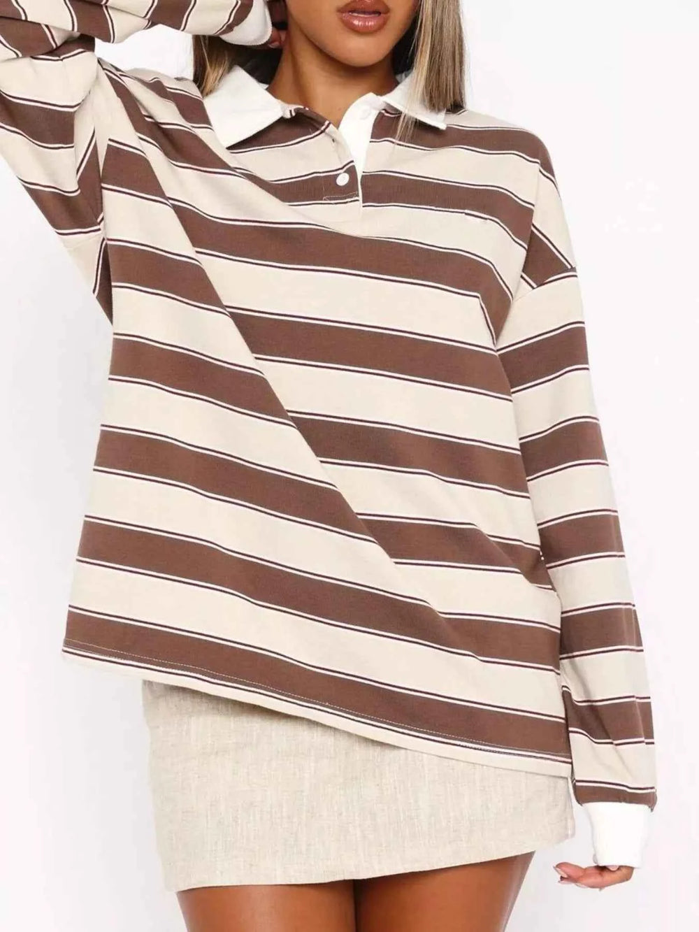 Striped Button Detail Long Sleeve Polo
