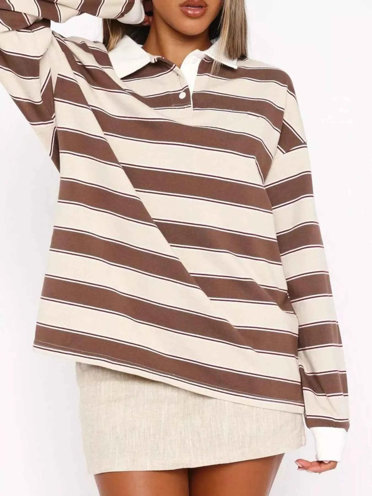 Striped Button Detail Long Sleeve Polo — view 1