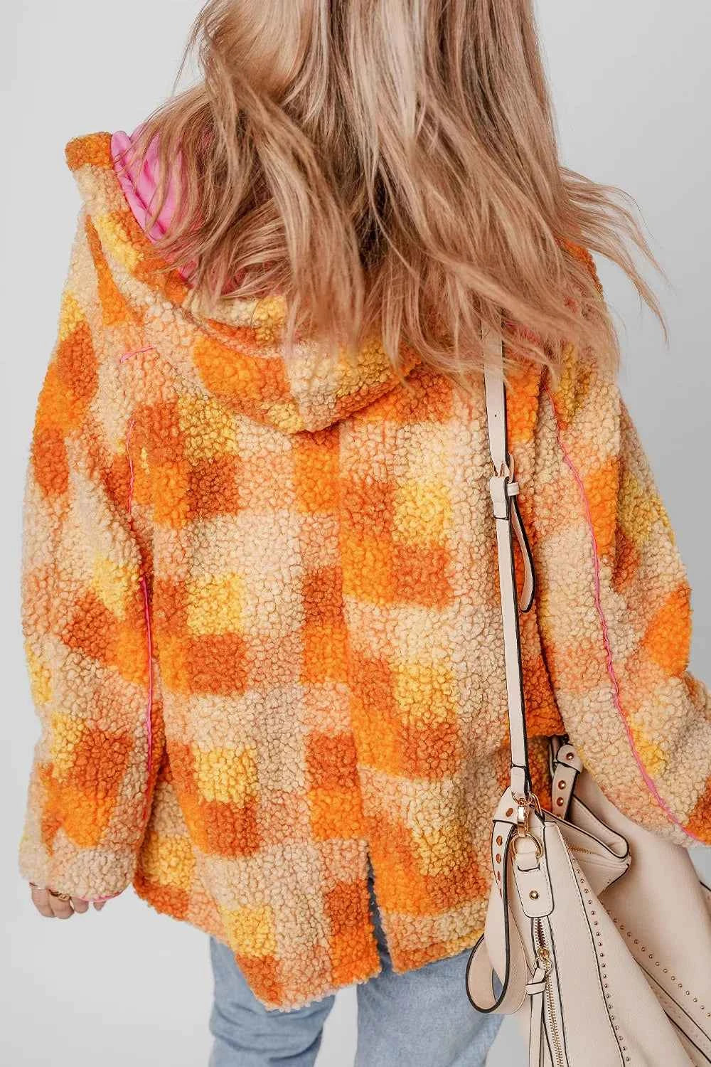 Checkered Long Sleeve Sherpa Hooded Jacket - Cozy & Stylish — view 4