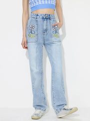 Flower High Rise Straight Leg Jeans with Pockets — view 5