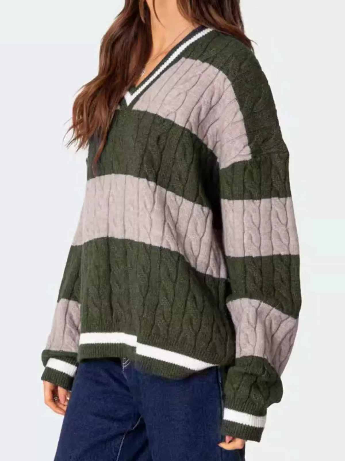 Striped Cable Knit V-Neck Sweater — view 16