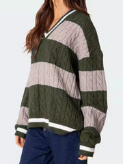 Striped Cable Knit V-Neck Sweater — view 16