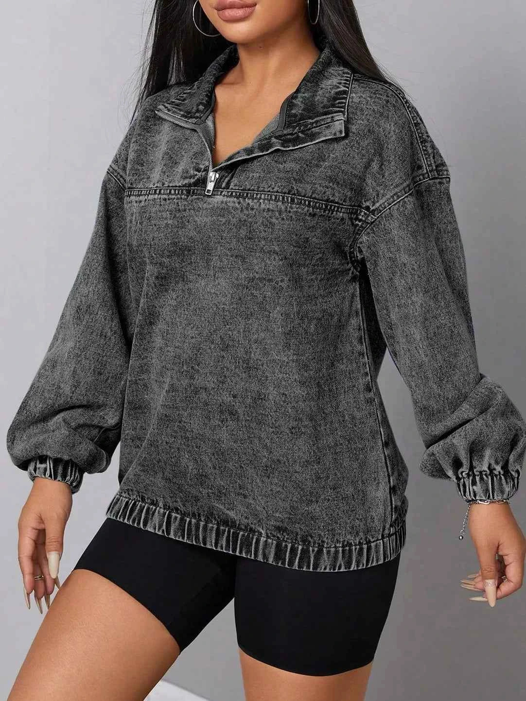 Elastic Hem Quarter Zip Denim Top — view 3