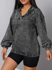 Elastic Hem Quarter Zip Denim Top — view 3