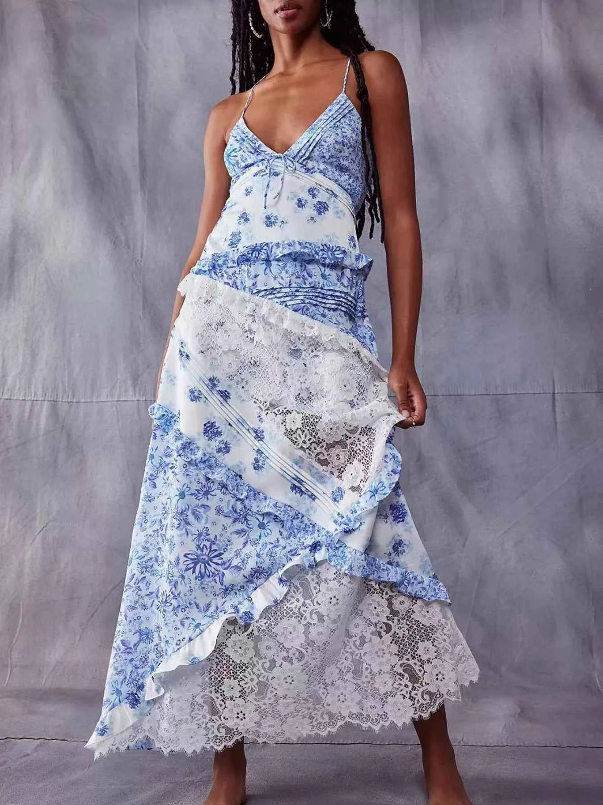 Lace Floral Print Ruffle Trim Maxi Dress — view 4