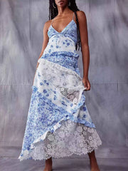 Lace Floral Print Ruffle Trim Maxi Dress — view 4