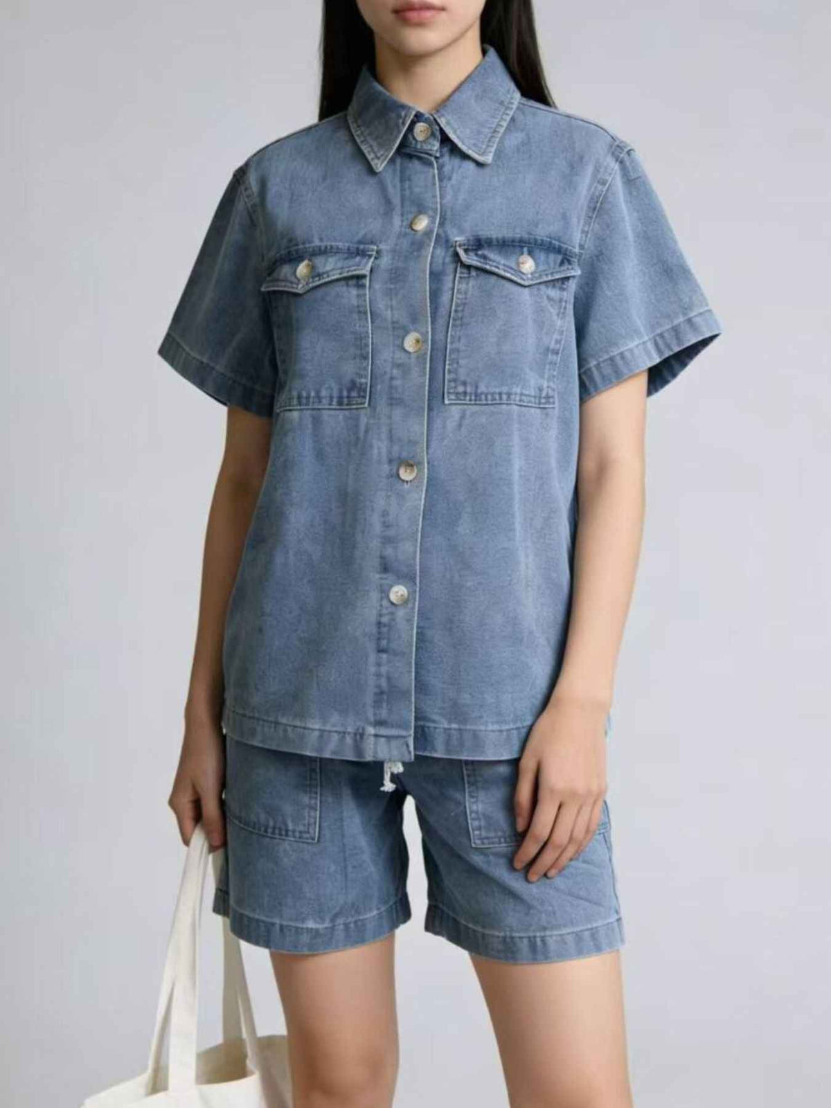 Button Up Short Sleeve Top and Shorts Denim Set