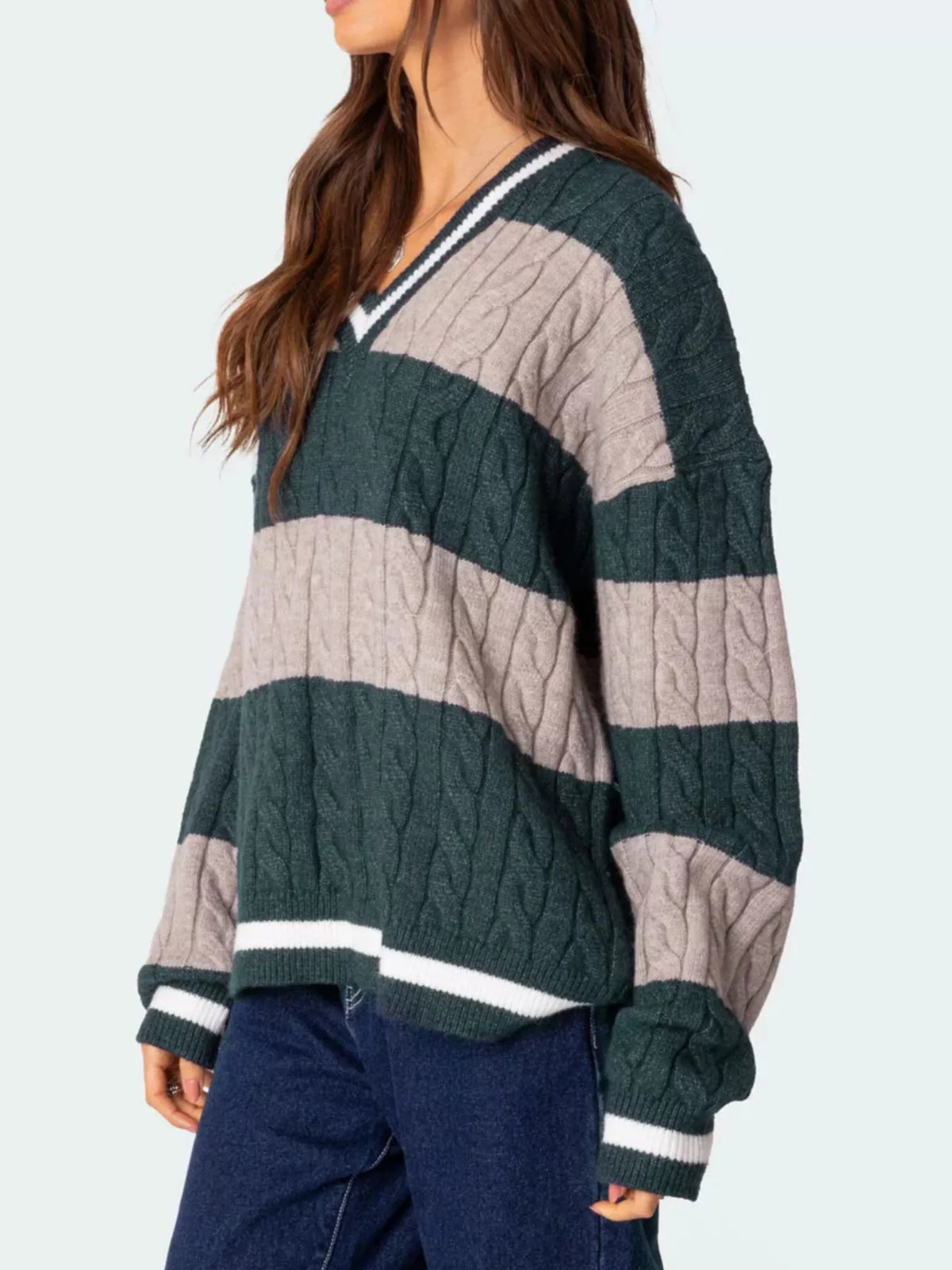 Striped Cable Knit V-Neck Sweater — view 11