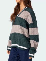 Striped Cable Knit V-Neck Sweater — view 11