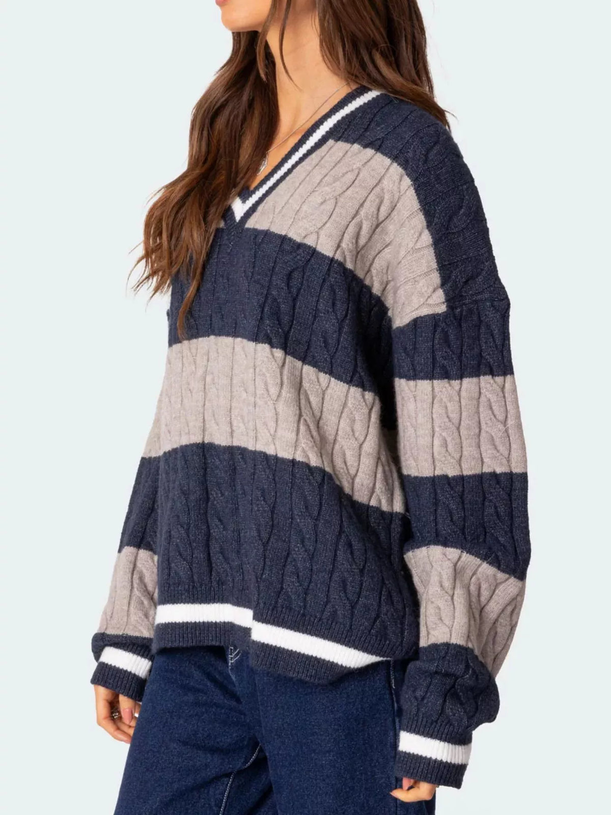 Striped Cable Knit V-Neck Sweater — view 7