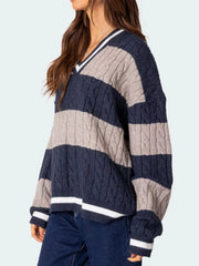 Striped Cable Knit V-Neck Sweater — view 7