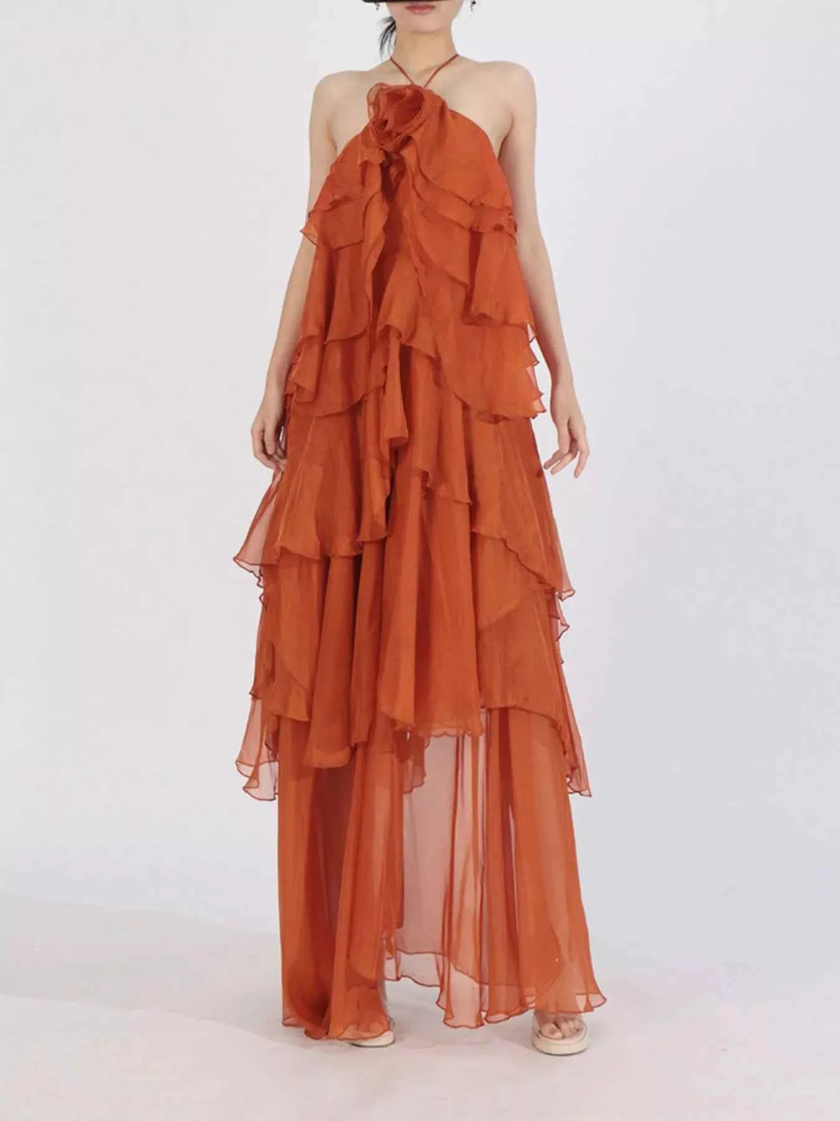 Ruffled Chiffon Halter Neck Maxi Dress
