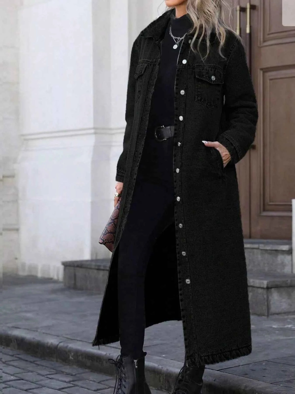 Effortlessly Stylish Longline Button-Front Denim Jacket for Every Occasion — view 14