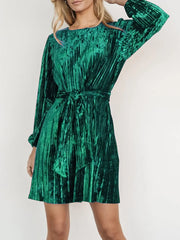 Velvet Round Neck Tie Waist Long Sleeve Mini Dress — view 6