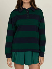 Striped Polo Collar Sweatshirt with Button Details — view 8