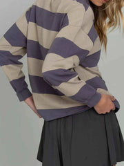 Striped Polo Collar Sweatshirt with Button Details — view 5