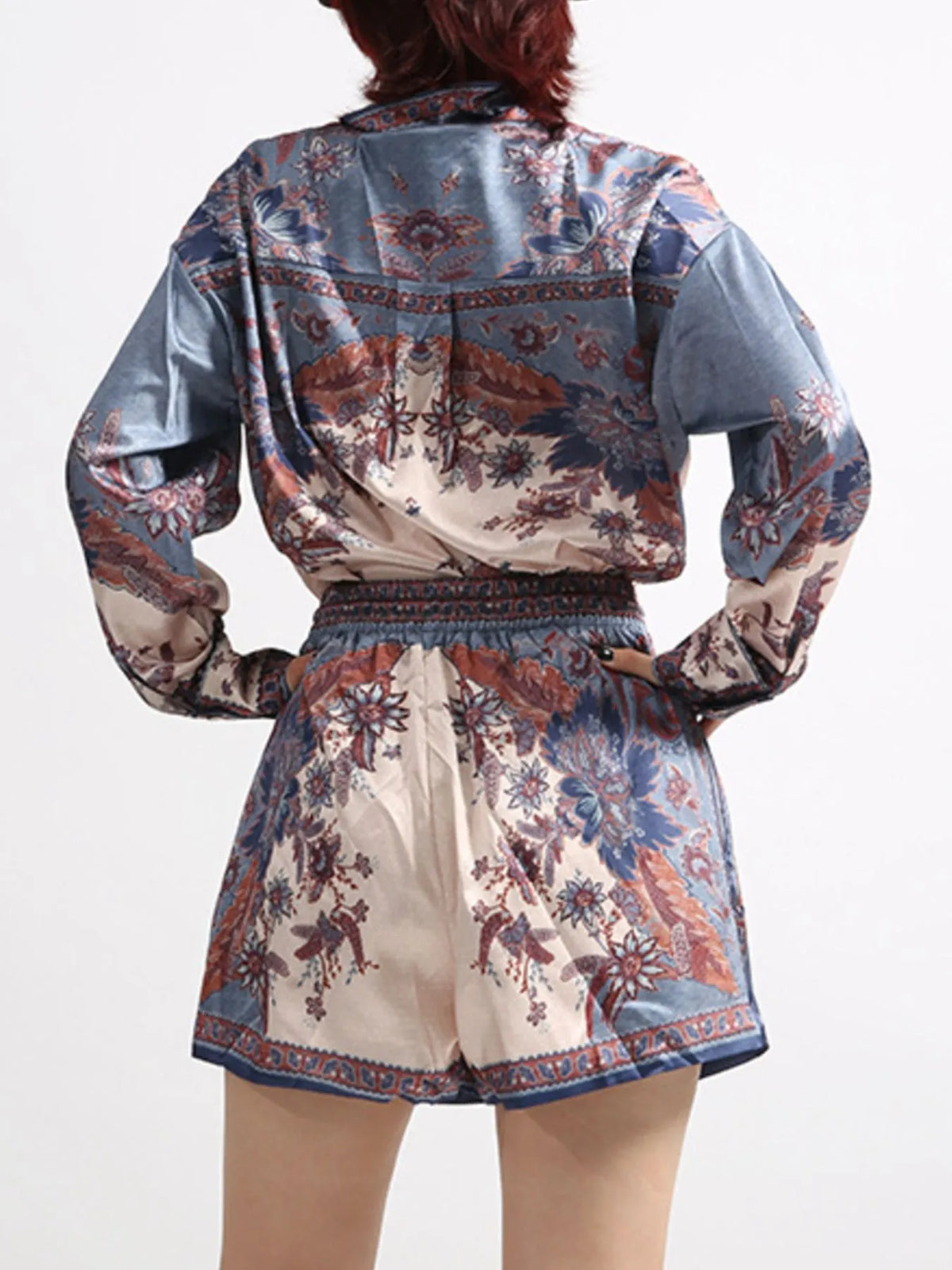 Printed Button Front Long Sleeve Shirt and Shorts Set — view 6