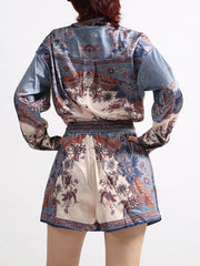 Printed Button Front Long Sleeve Shirt and Shorts Set — view 6