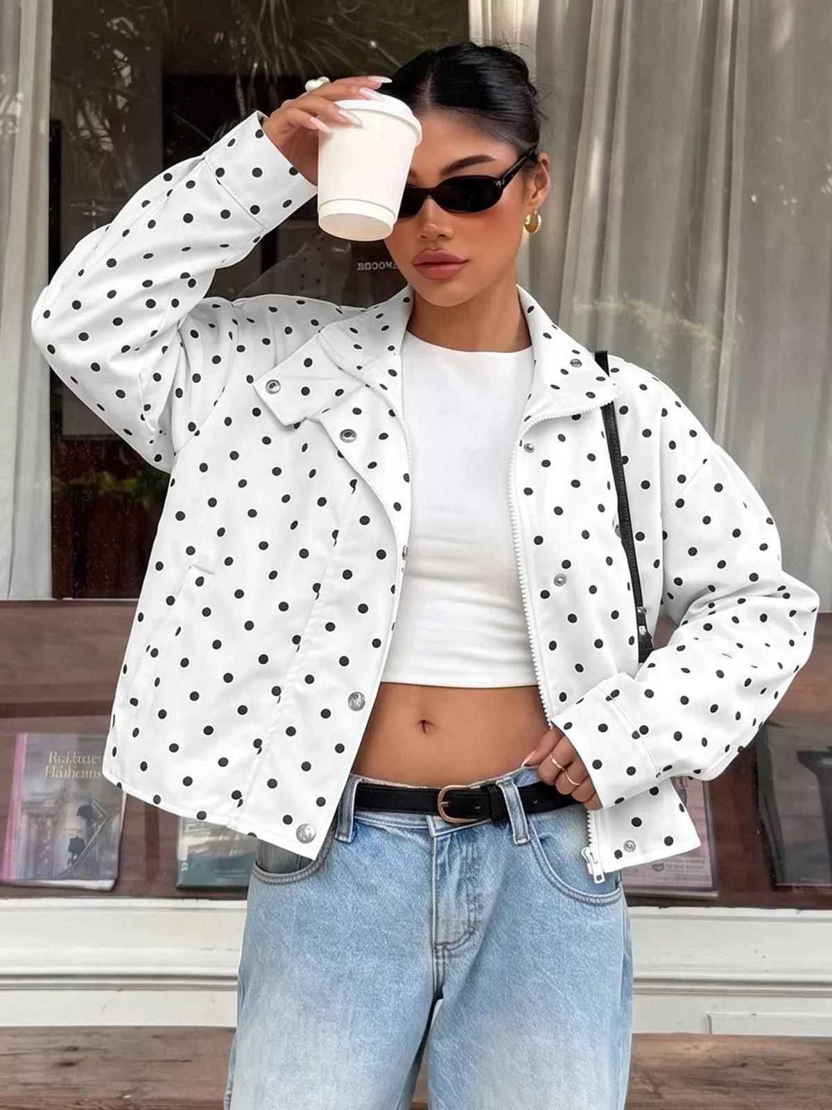 Polka Dot Zip Up Cropped Jacket — view 4