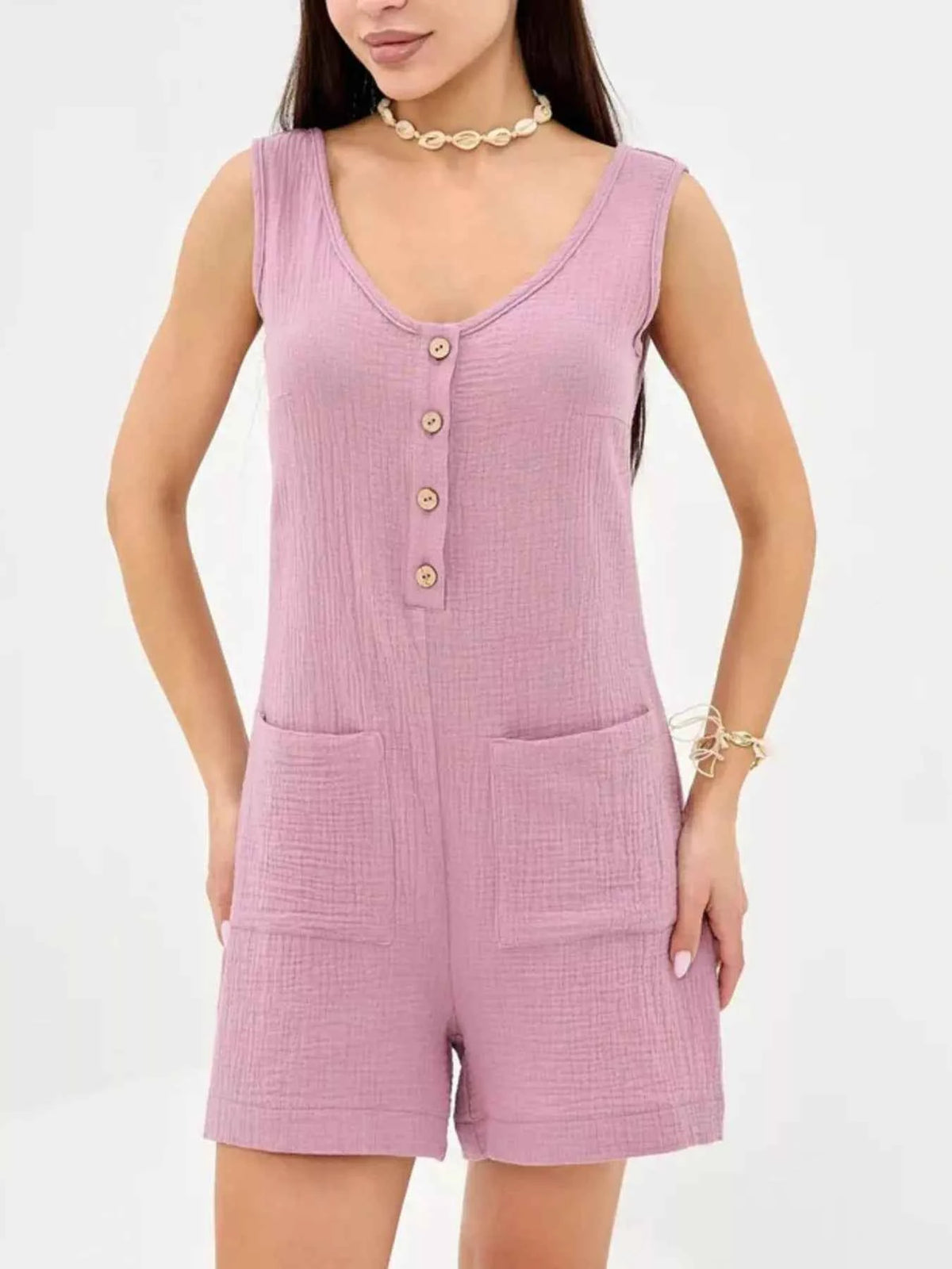 Casual Button-Down Sleeveless Romper — view 3