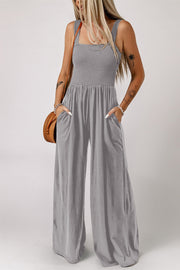 Smocked Square Neck Wide Leg Jumpsuit with Pockets — view 14