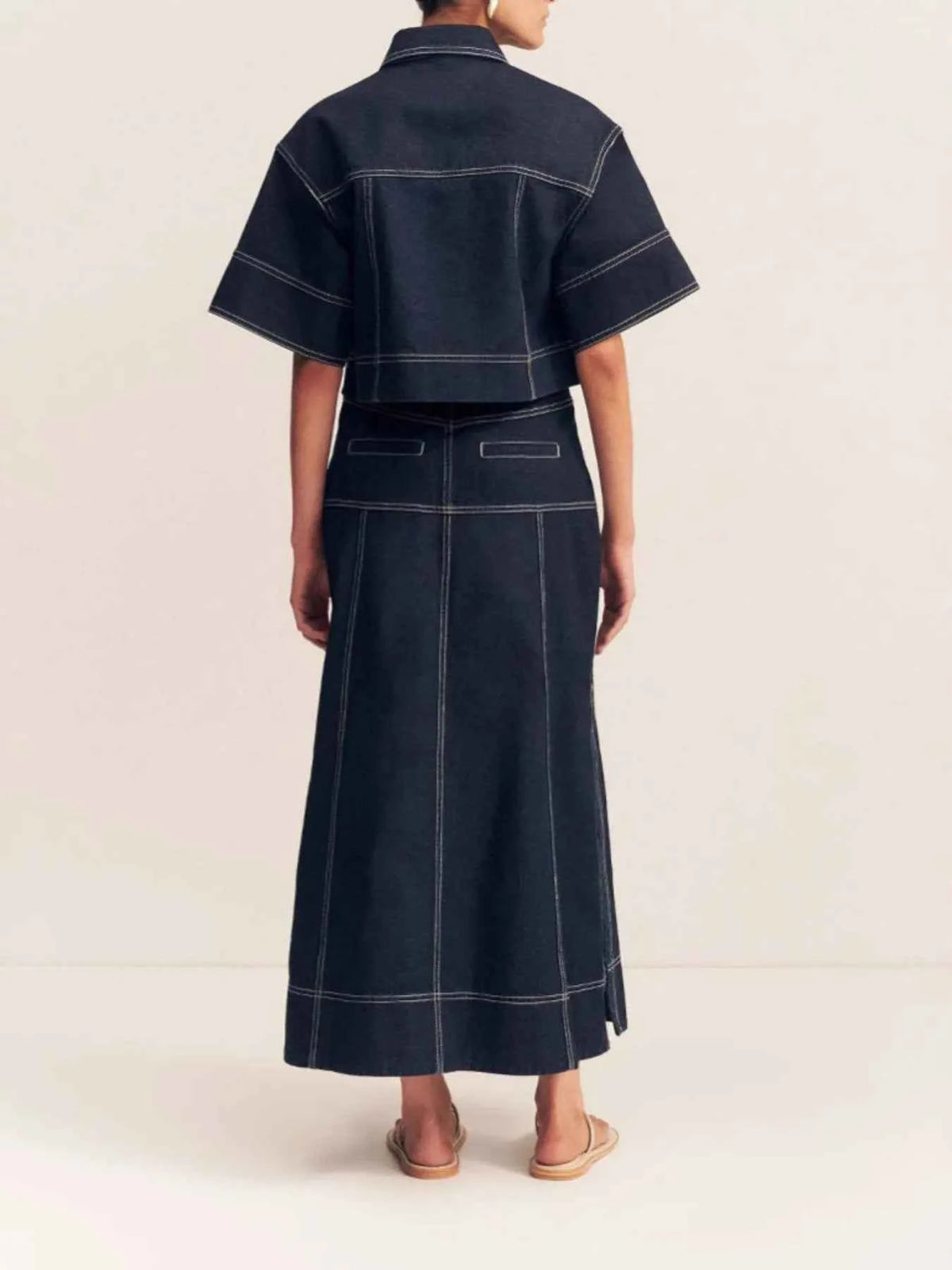 Cropped Short Sleeve Contrast Stitch Denim Top — view 2