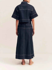 Cropped Short Sleeve Contrast Stitch Denim Top — view 2