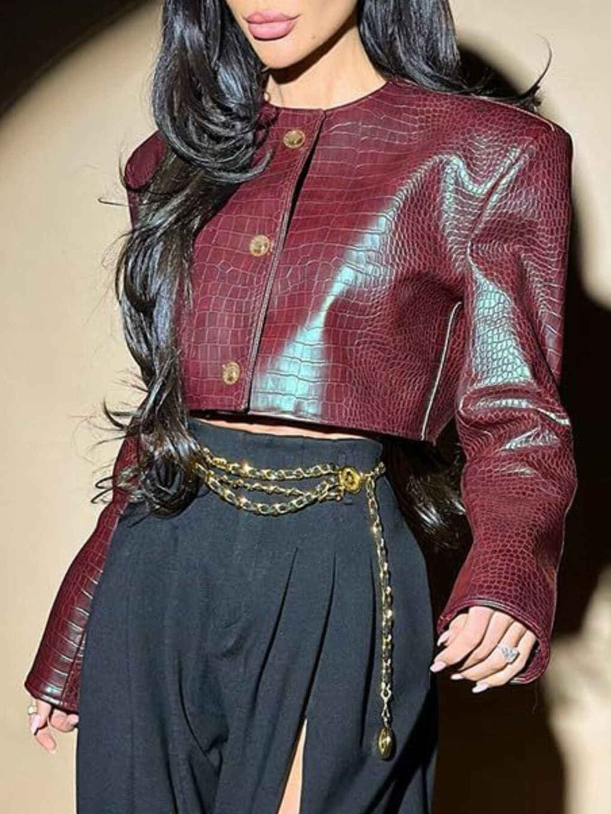 Crocodile Embossed Cropped Leather Jacket - Chic & Stylish Outerwear — view 2
