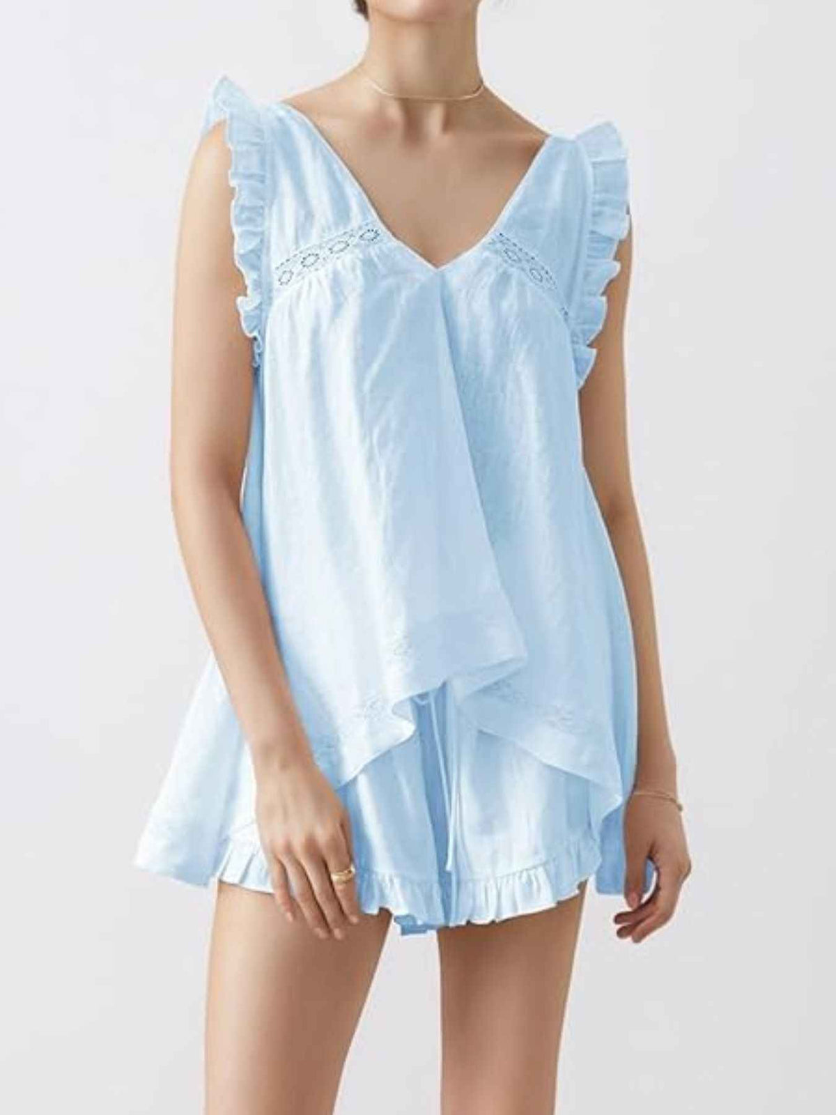 Ruffle Trim V-Neck Top and Shorts Set — view 1