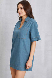Pocketed Collared Neck Mini Denim Dress — view 3