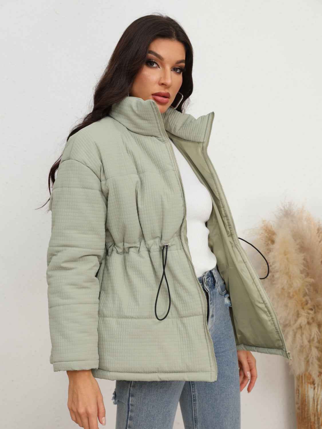 Drawstring Waist Zip-Up Puffer Jacket — view 3