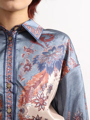 Printed Button Front Long Sleeve Shirt and Shorts Set — view 5