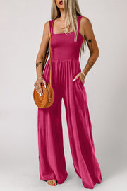 Smocked Square Neck Wide Leg Jumpsuit with Pockets — view 11