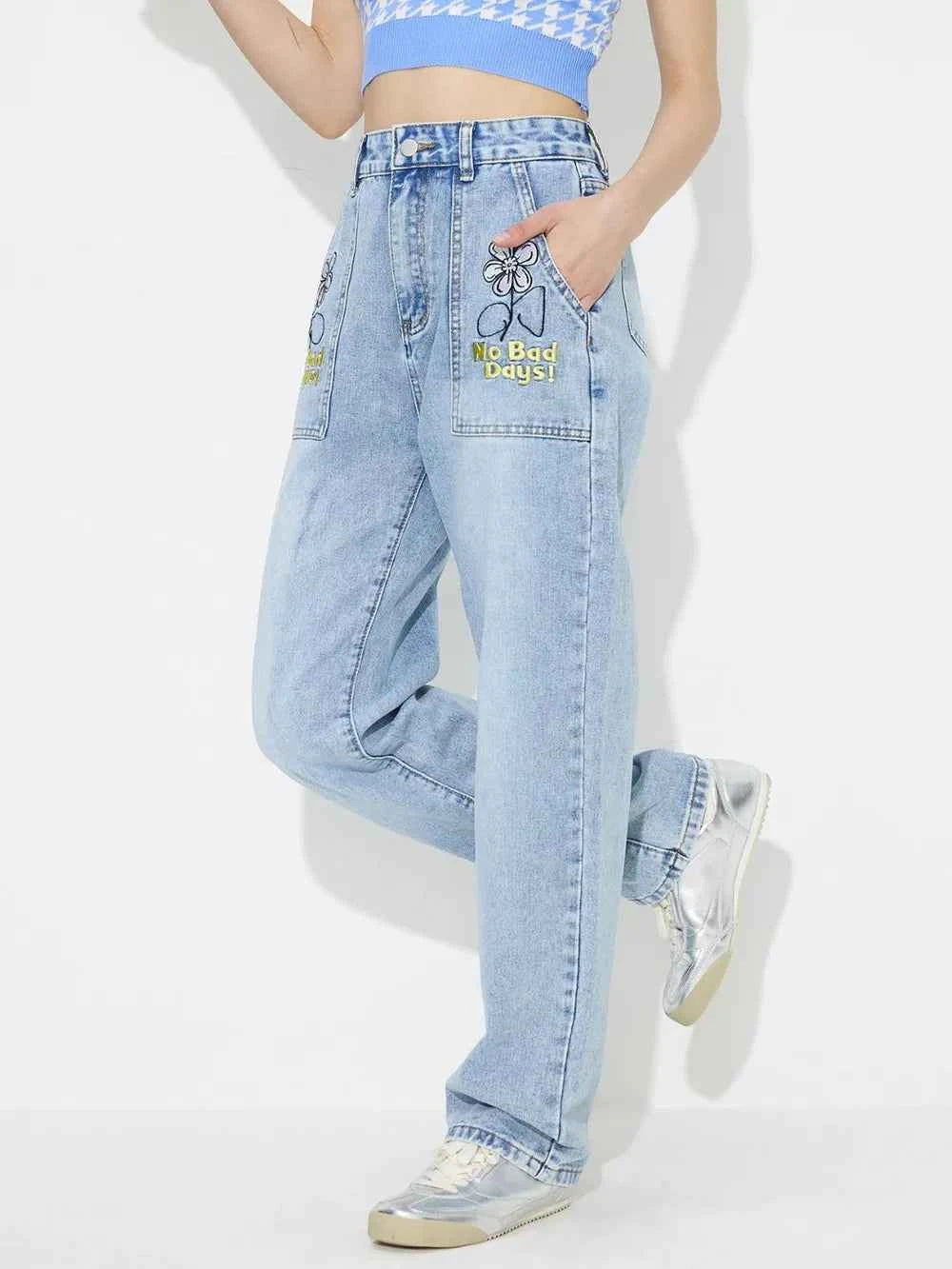 Flower High Rise Straight Leg Jeans with Pockets — view 3